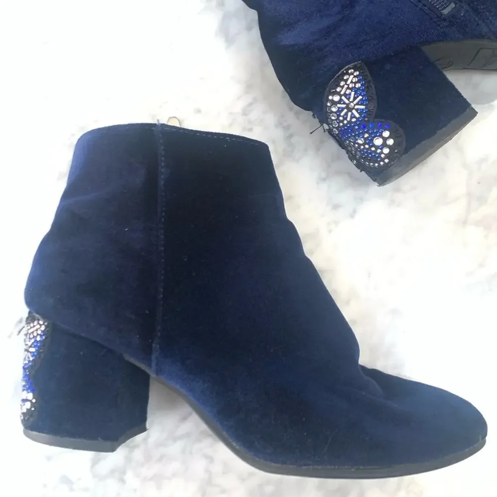 Libby Edelman womens Butterfly Blue Velour Heel Booties size 7